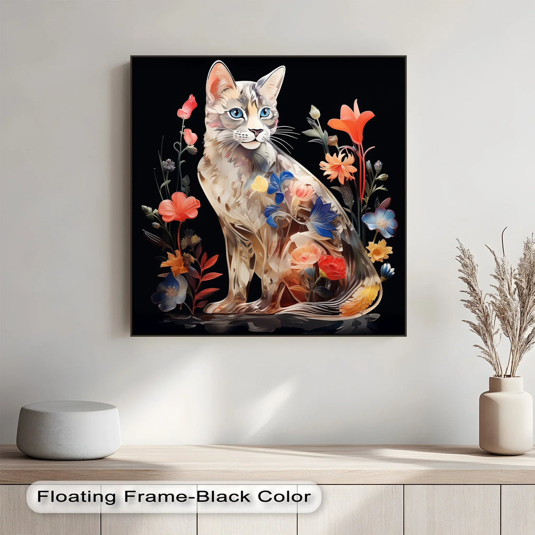Botanical Gaze – Floral Patterned Cat with Blue Eyes Cat Canvas Print - MyPhotoStation