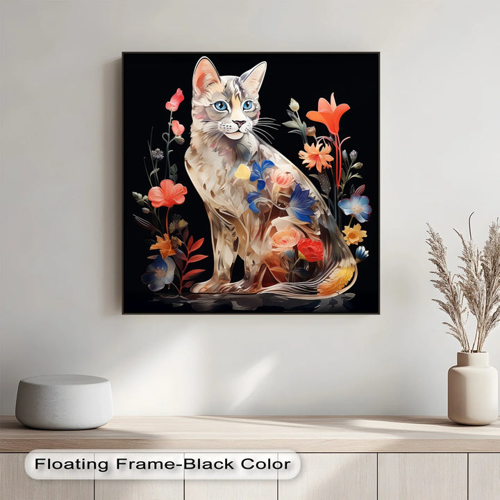 Botanical Gaze – Floral Patterned Cat with Blue Eyes Cat Canvas Print - MyPhotoStation