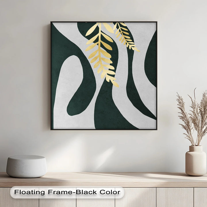 Golden Fern Over Emerald Flow – Minimal Botanical Canvas Print - MyPhotoStation
