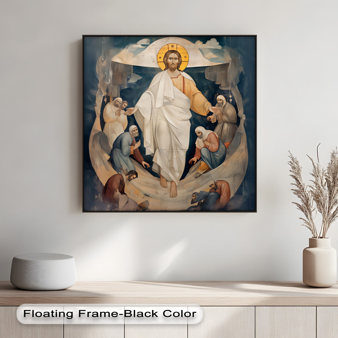 The brightest area highlights the radiant golden halo surrounding Christ, the luminous centerpiece of this Resurrection of Christ canvas wall art.