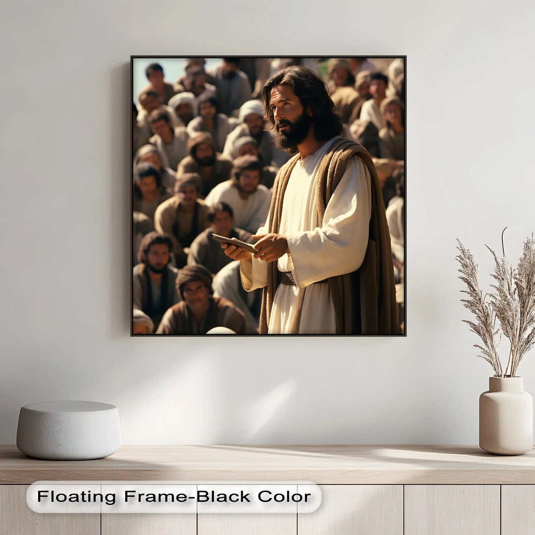 Jesus speaks truth to the crowd in this powerful photo canvas, a reminder of eternal wisdom.

