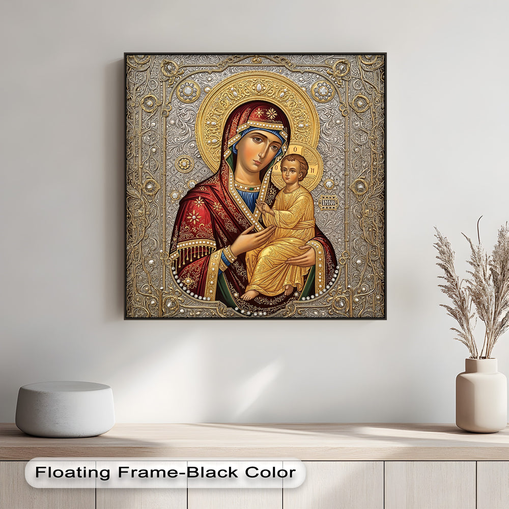 The focal point showcases a detailed Virgin Mary and Child big canvas print, an ornate gold Christian icon with intricate silver and jewel accents.
