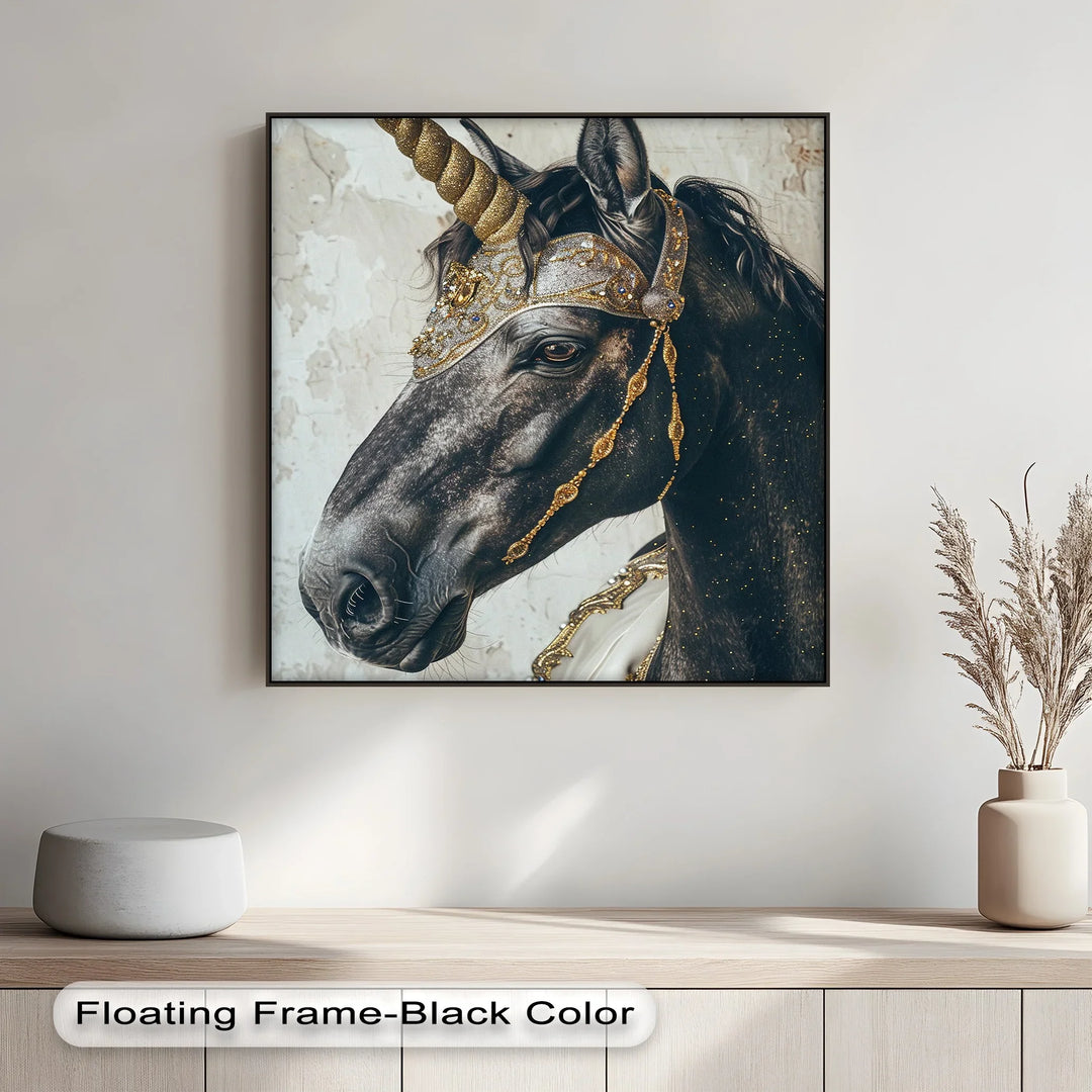 Regal Black Unicorn with Golden Armor – Fantasy Animal Canvas Print - MyPhotoStation