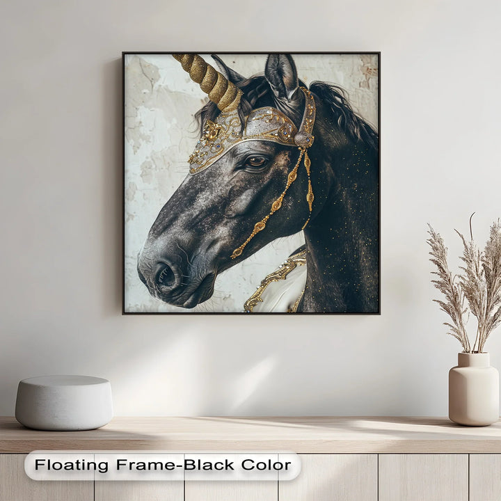 Regal Black Unicorn with Golden Armor – Fantasy Animal Canvas Print - MyPhotoStation