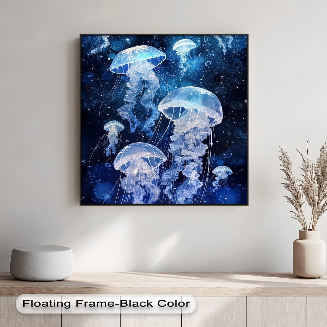 Vivid color contrast on this premium canvas decor highlights luminous blue jellyfish and white bubbles against a deep blue ocean background.