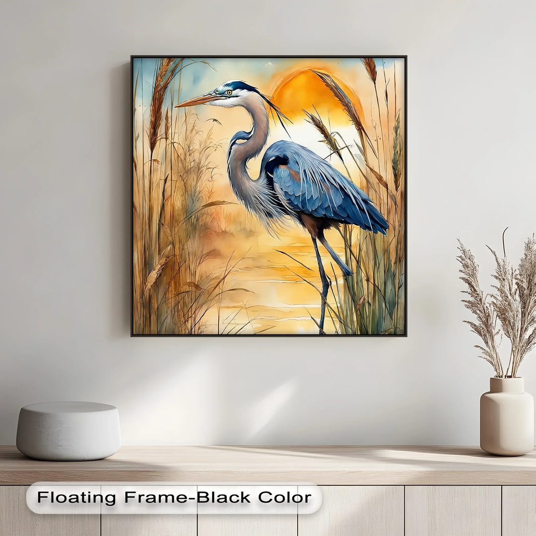 Majestic Blue Heron at Sunset – Serene Waterscape Canvas Print - MyPhotoStation