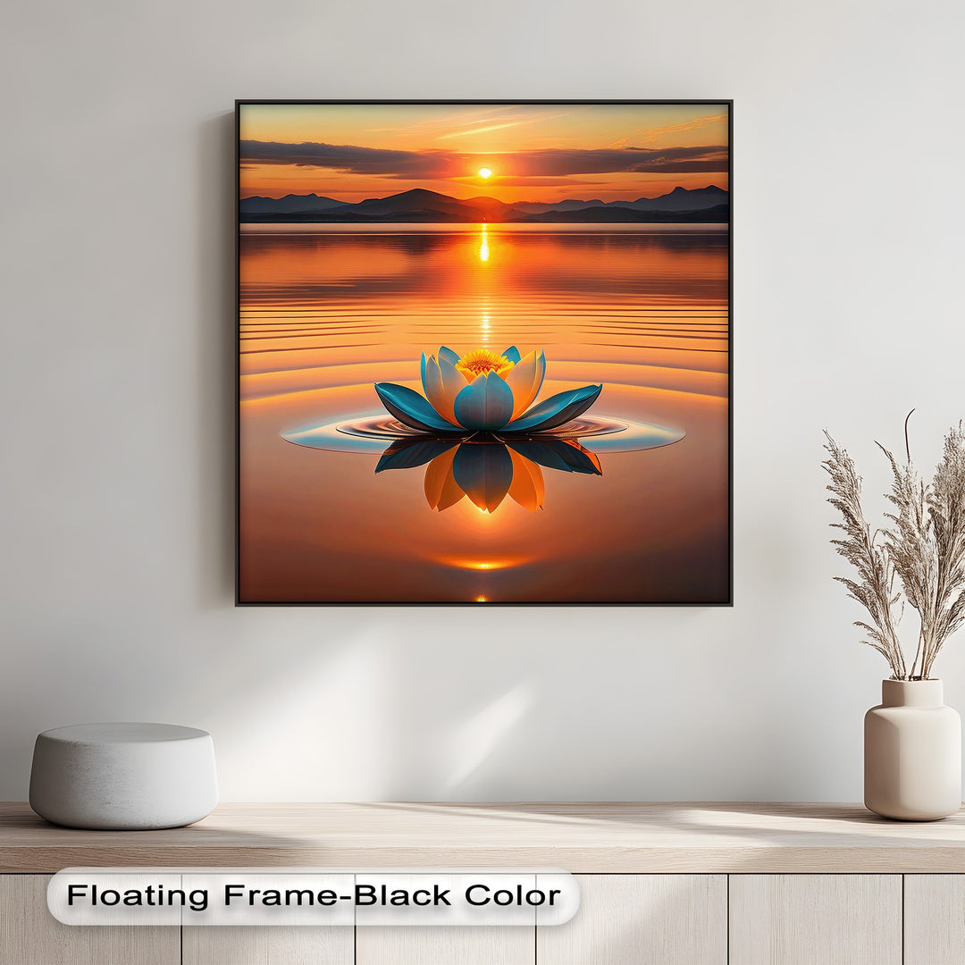 Observe the captivating transition from a fiery orange sunset to its tranquil water reflection on this framed canvas, enhancing a serene blue lotus.