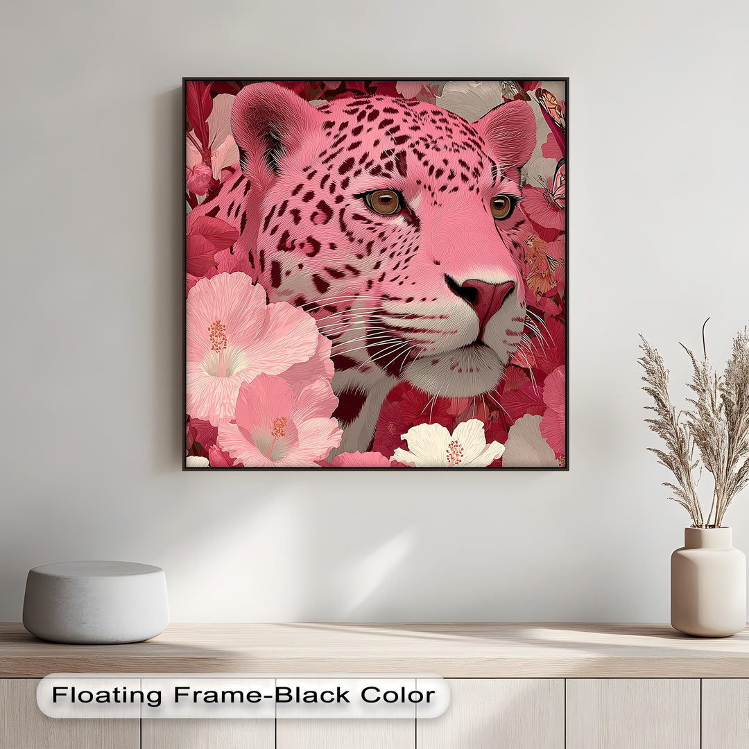 Blush Predator – Pink Leopard in Hibiscus Jungle Canvas Print