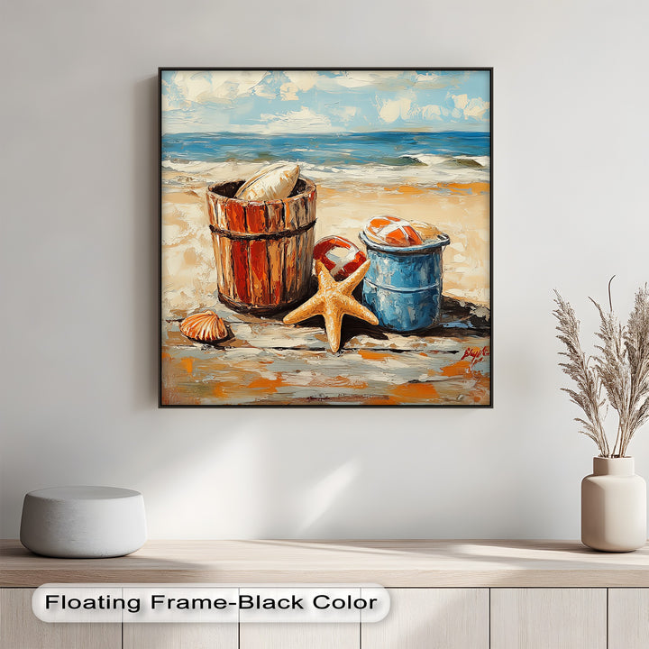 Beach Day Memories – Vibrant Coastal Bucket Scene Canvas Prints