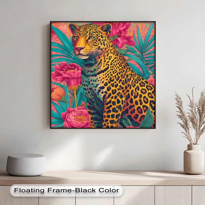 Regal Jungle Majesty – Vibrant Leopard in Floral Canvas Print