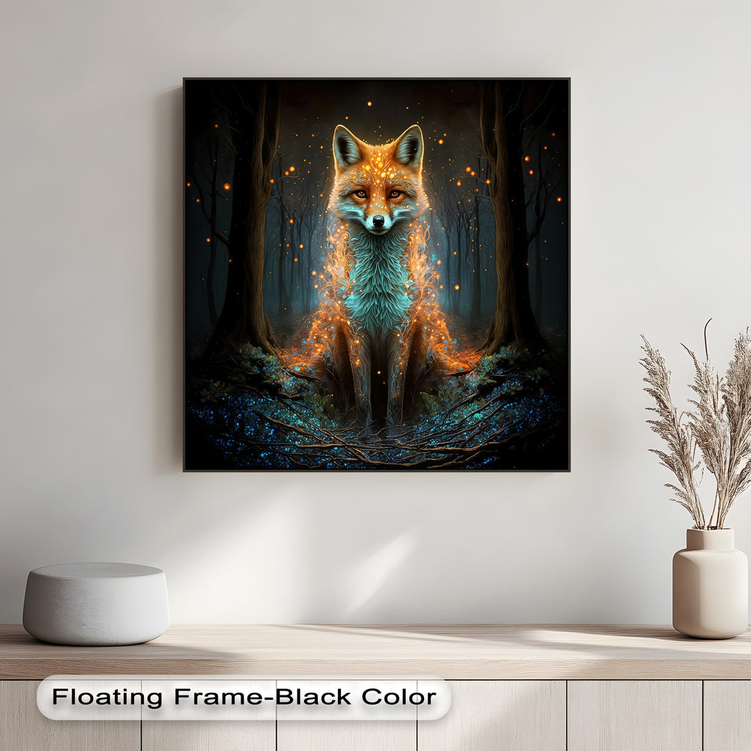 The sleek black floating frame beautifully encloses the vibrant mystic fox fantasy forest canvas painting.