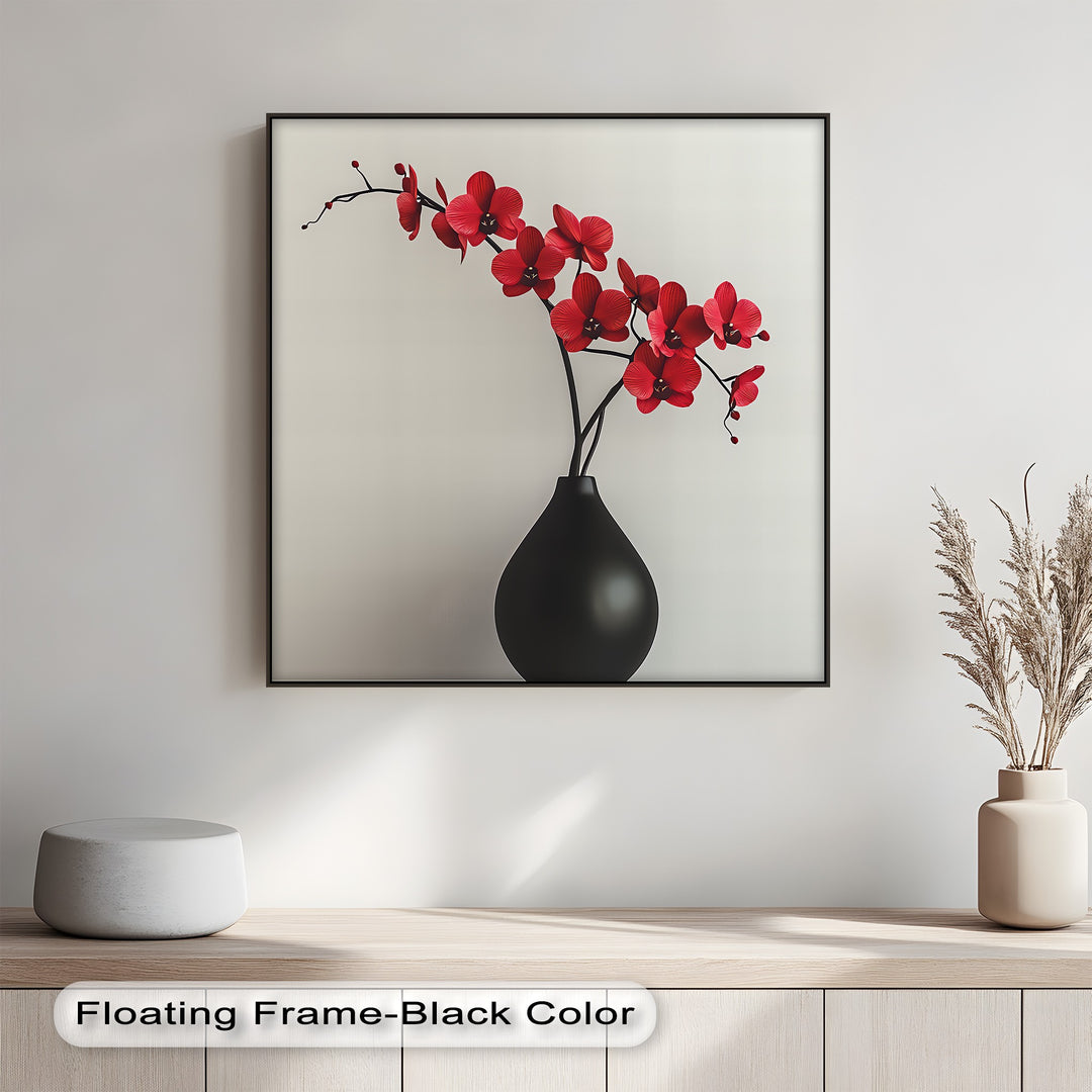 Minimalist Red Orchids in Black Vase – Contemporary Floral Canvas Print