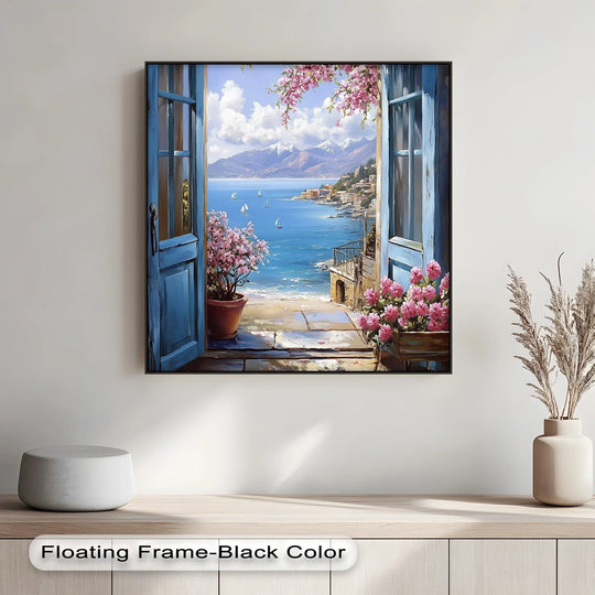 Showcasing the layering effect, the Mediterranean View canvas painting features an open window overlooking a coastal seascape, exemplifying fine canvas painting.
