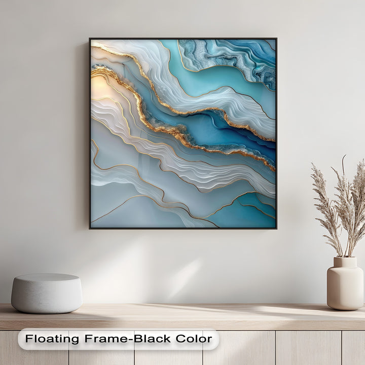 This canvas painting displays a serene, cool color temperature, merging shades of blue and turquoise with vibrant, warm gold lines.