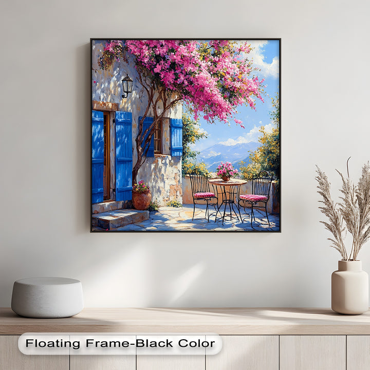 Bougainvillea Breeze – Pink Blossoms and Blue Shutters Canvas Print