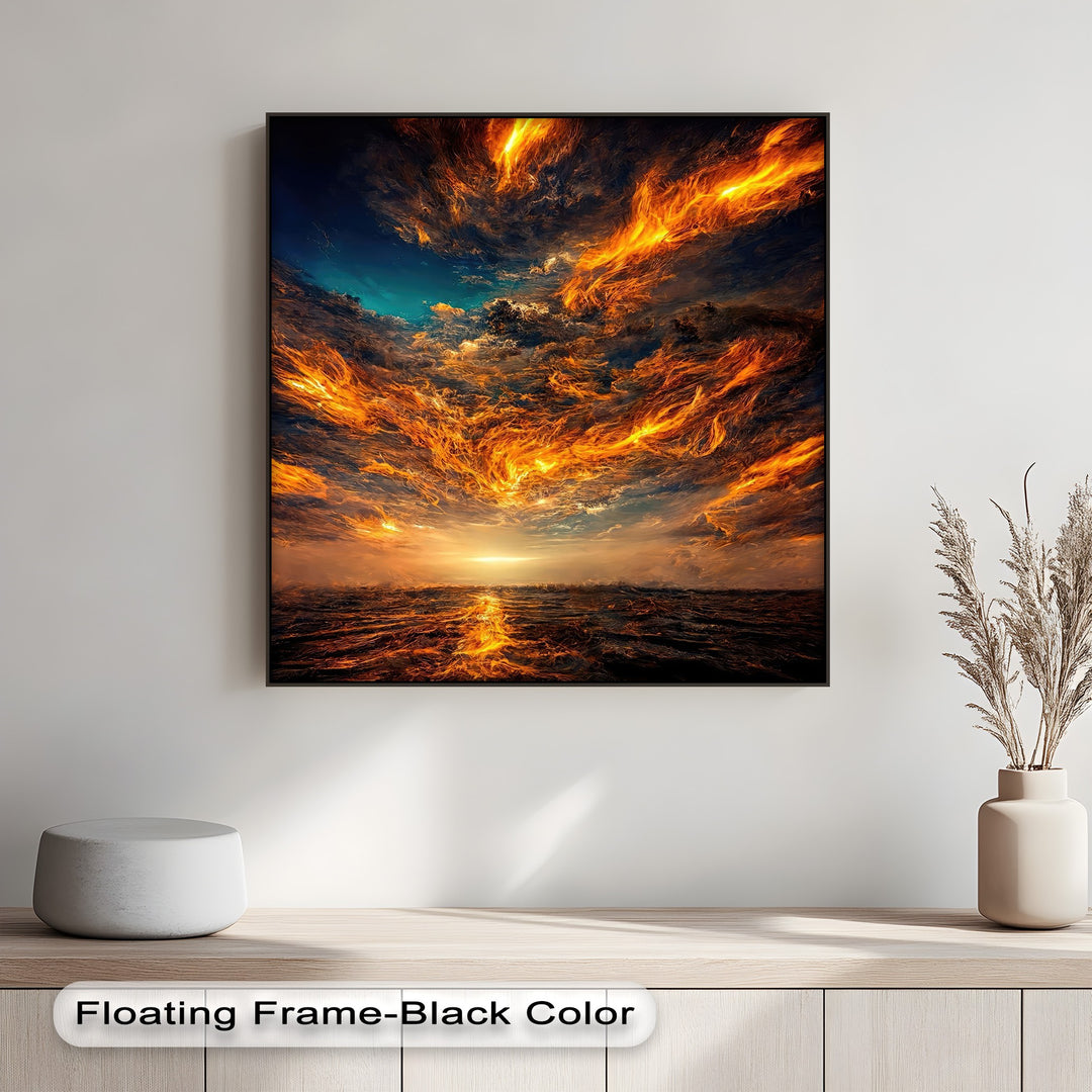 Fiery orange and deep teal dominate this dramatic firestorm sky canvas wall decor, showcasing glowing clouds over turbulent dark ocean waves.