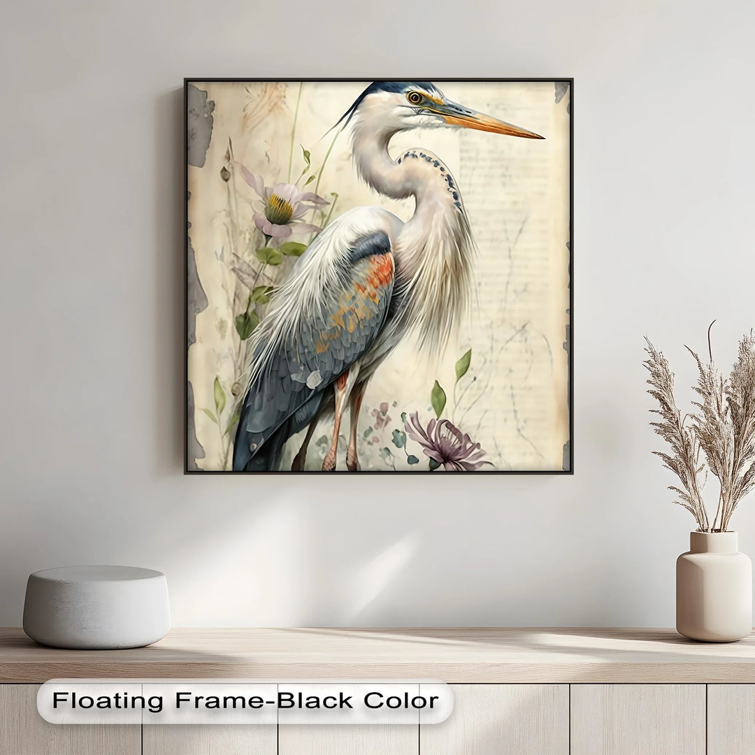 Graceful Heron Amid Wildflowers – Vintage Nature Canvas Print - MyPhotoStation