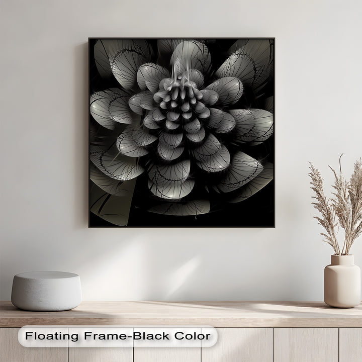 This custom-designed canvas print delivers modern botanical beauty in sleek black and silver.

