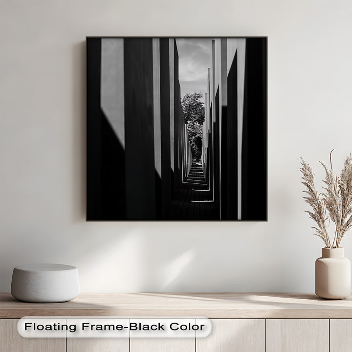 A modern custom canvas print that merges urban geometry with a hint of organic beauty in the distance.

