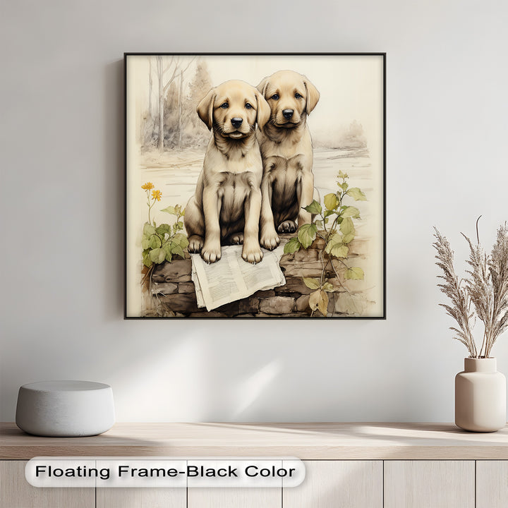 Stone Wall Puppies – Vintage Nature Scene Puppies Canvas Print
