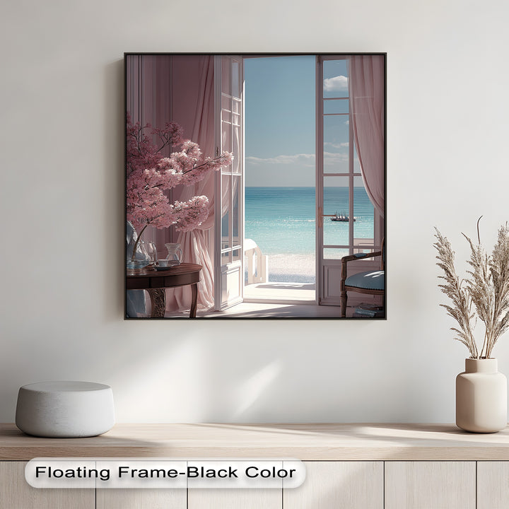 Seaside Serenity – Elegant Room with Ocean View Canvas Print