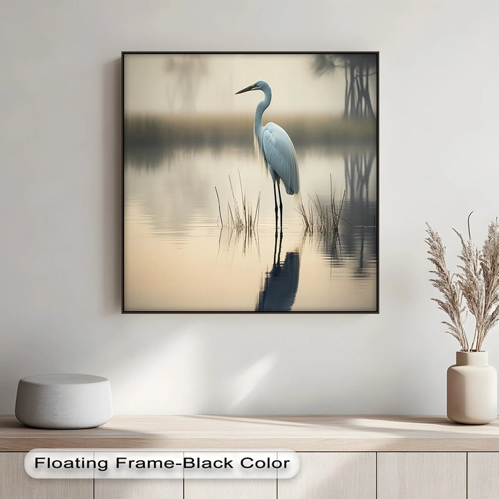 Misty Morning Heron – Serene Lakeside Reflection Canvas Print - MyPhotoStation