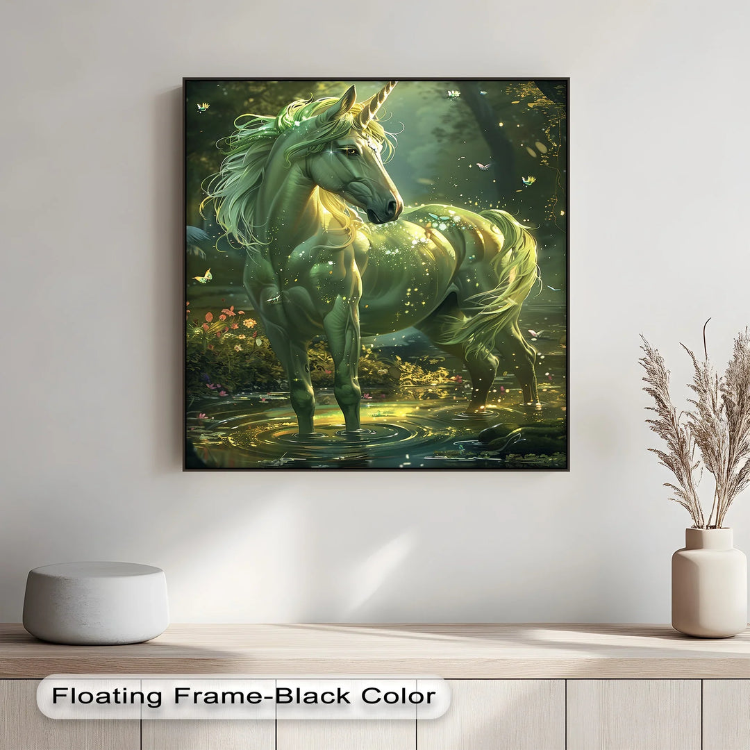 Glowing Green Unicorn in Enchanted Pond - Animal Canvas Print - MyPhotoStation