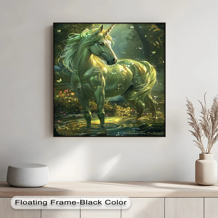 Glowing Green Unicorn in Enchanted Pond - Animal Canvas Print - MyPhotoStation