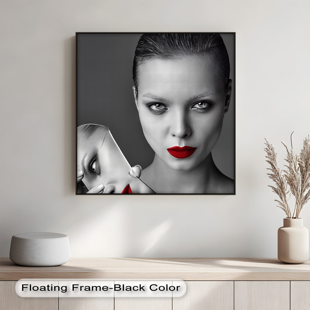 Express intensity and depth with this custom canvas print, where bold red lips break through monochrome.

