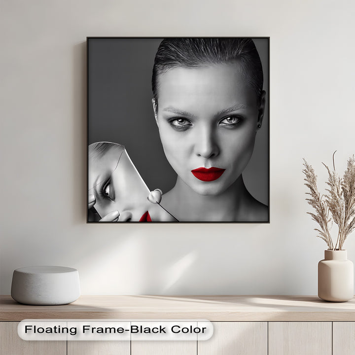 Express intensity and depth with this custom canvas print, where bold red lips break through monochrome.

