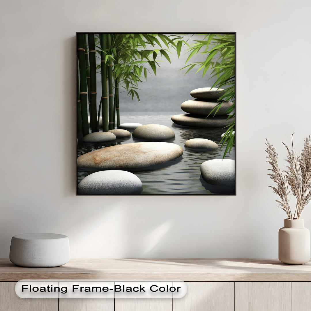 Showcasing realistic detail, this big canvas prints features serene green bamboo and smooth zen stones gracefully resting in calm, reflective water.