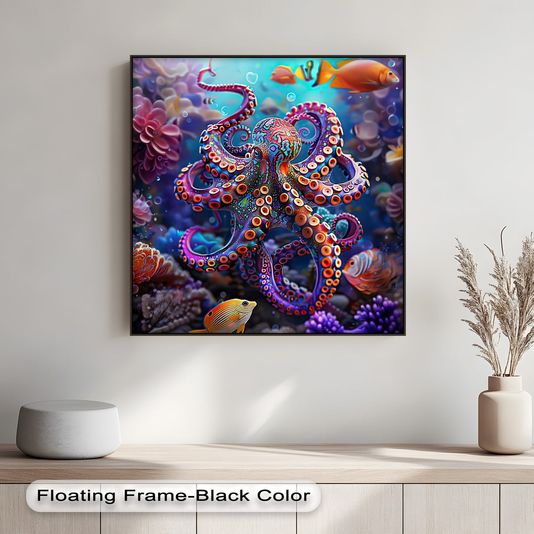 The framed canvas print creates a captivating visual rhythm with its vibrant octopus tentacles, repeating suckers, and surrounding flowing marine life.