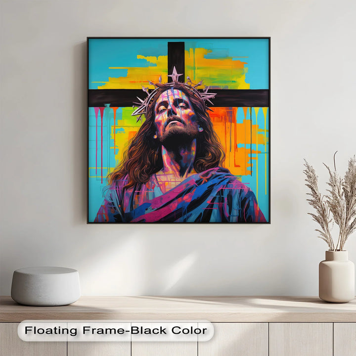 Infuse your walls with spiritual power through this intense and colorful canvas painting of Jesus before the cross.

