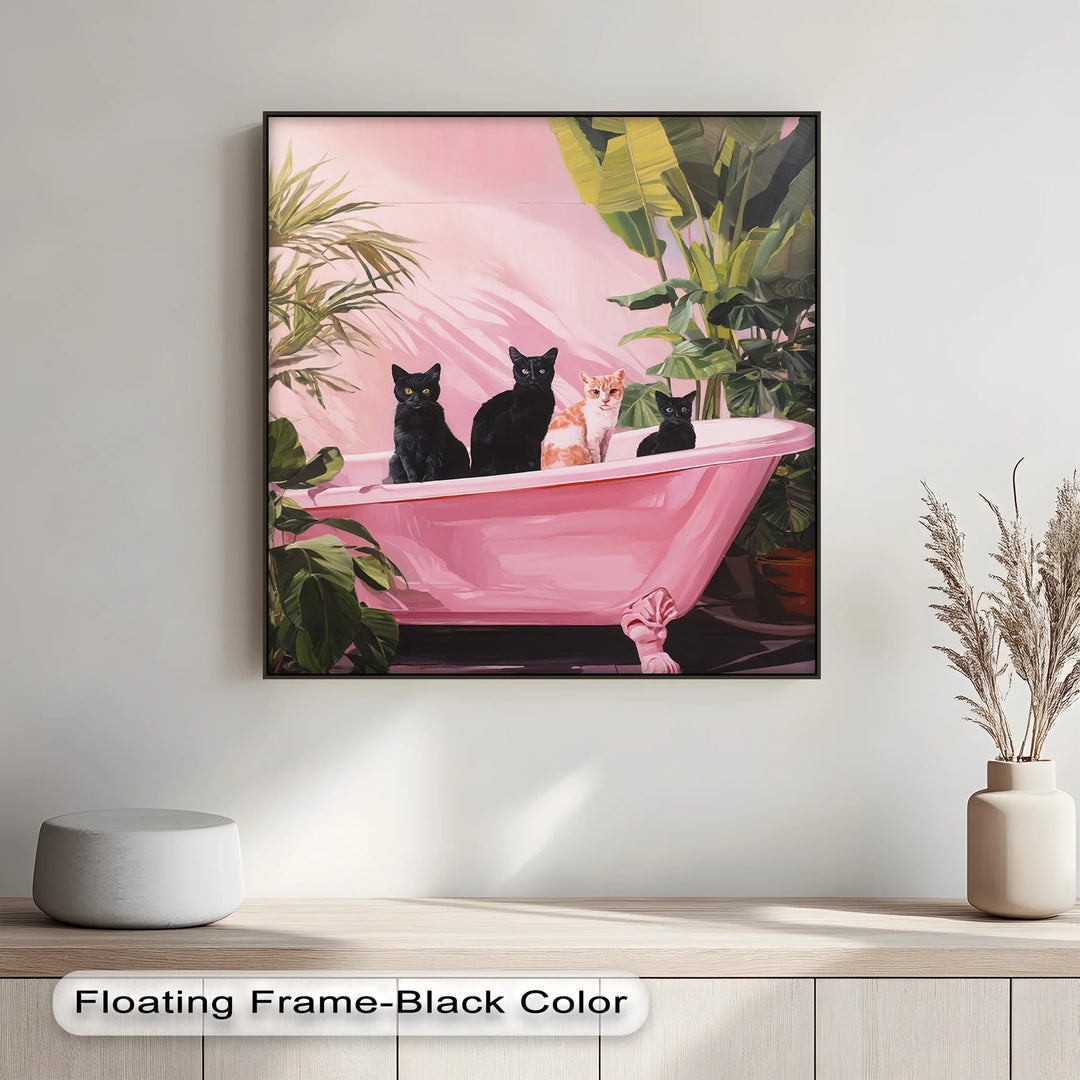 Four Cats in a Pink Bathtub – Playful Botanical Canvas Print - MyPhotoStation