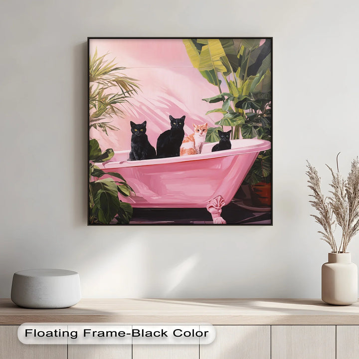 Four Cats in a Pink Bathtub – Playful Botanical Canvas Print - MyPhotoStation