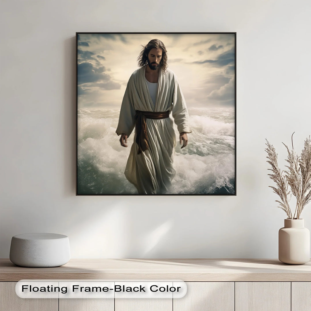 This inspirational custom canvas print depicts Jesus walking on water—an enduring symbol of faith and trust.

