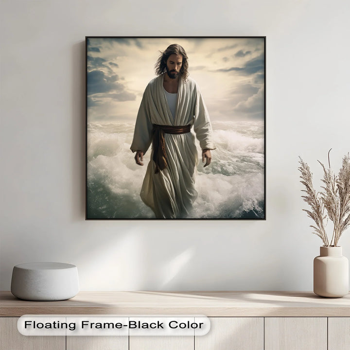 This inspirational custom canvas print depicts Jesus walking on water—an enduring symbol of faith and trust.

