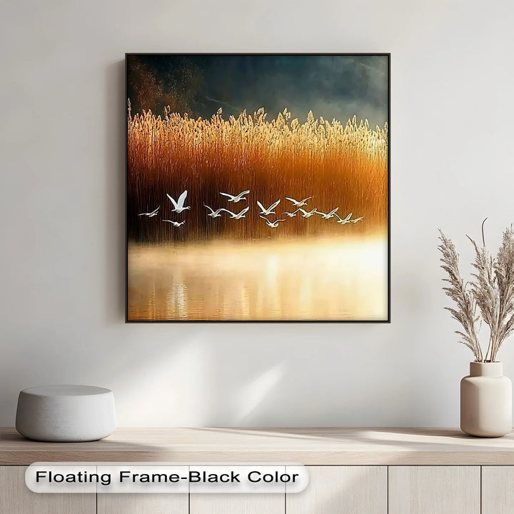 Golden Flight – Tranquil Birds at Sunset Canvas Print - MyPhotoStation