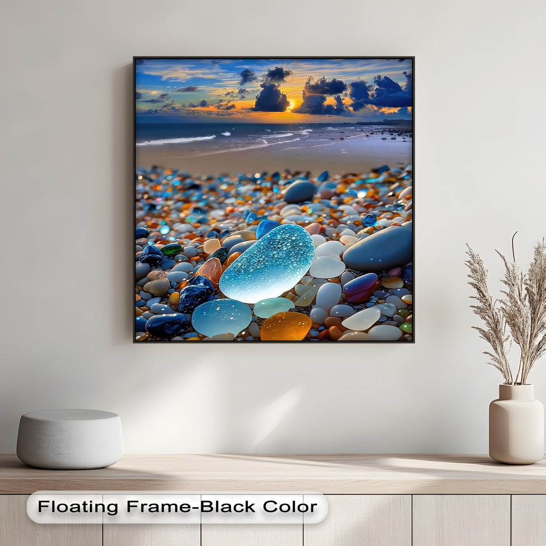 The seamless transition of vibrant hues from shimmering sea glass on the beach to the radiant coastal sunset in this canvas art prints wall art.