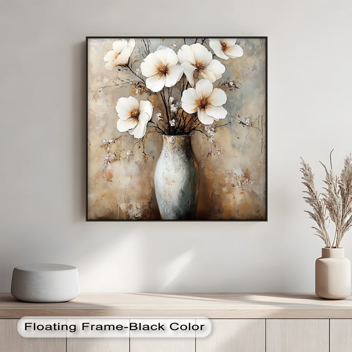 White Petals in Rustic Vase – botanical canvas artwork


