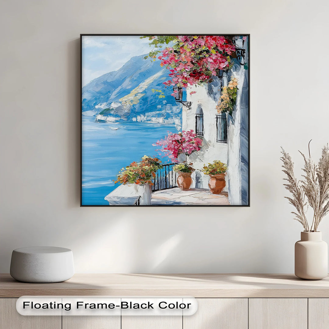Sunlit Balcony by the Amalfi – Seaside Floral Canvas Print
