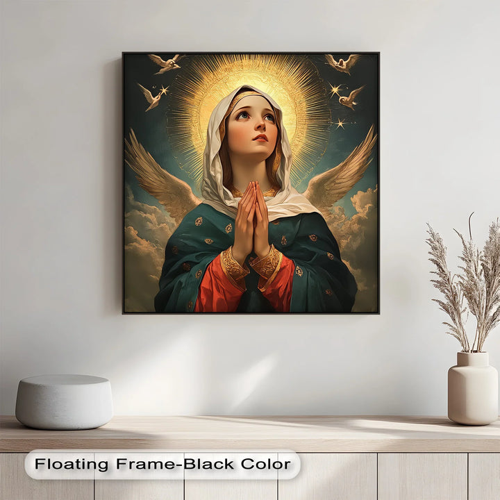 This elegant custom canvas print of the Blessed Mother radiates calm, purity, and hope.

