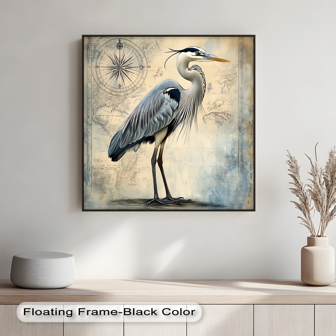 Navigational Heron – Vintage Map Inspired Bird Canvas Print