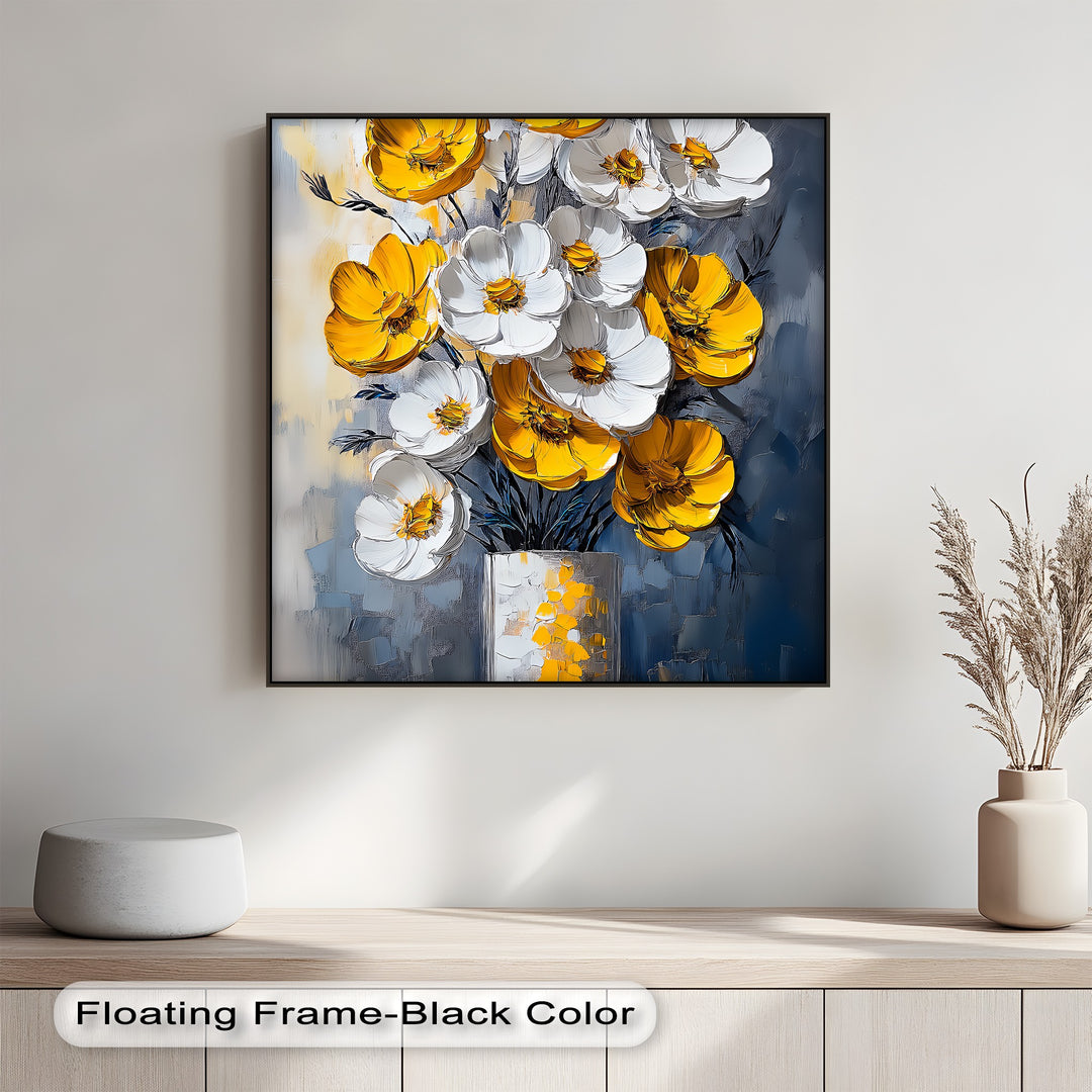 Sunlit Elegance – Yellow and White Poppies in Vase Canvas Print