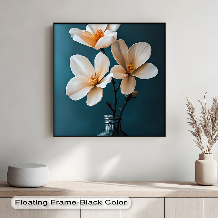 White Magnolia Trio in Teal – Elegant Floral Canvas Prints