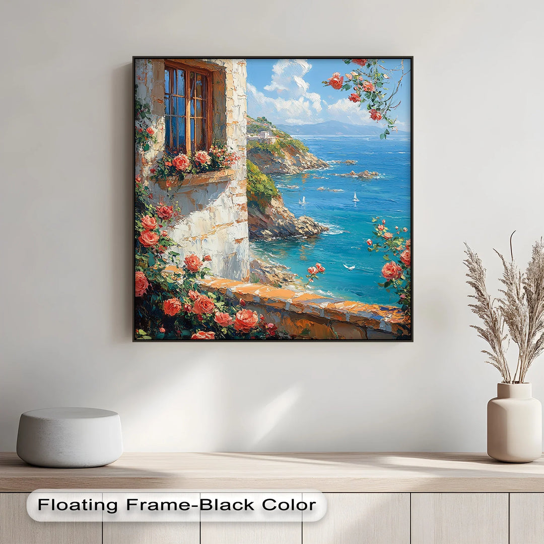 Seaside Roses View – Mediterranean Coast Window Canvas Print - MyPhotoStation