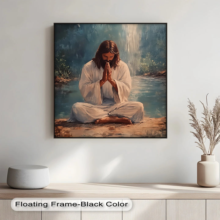 This tranquil custom canvas print depicts Jesus kneeling in nature—perfect for inspiring daily devotion.

