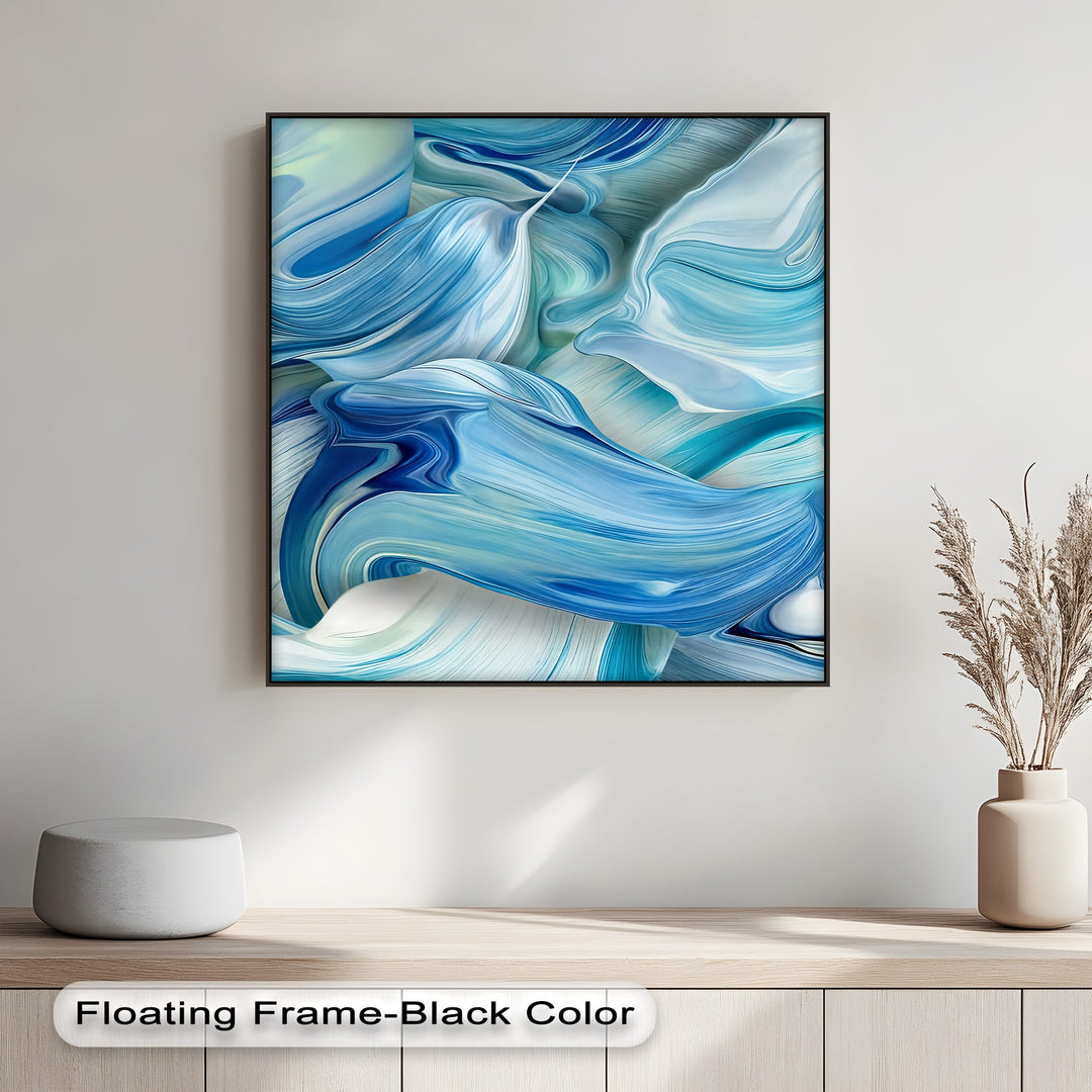 The loudest element is the dynamic abstract blue flow canvas art, featuring swirling waves and fluid forms in azure and indigo hues.