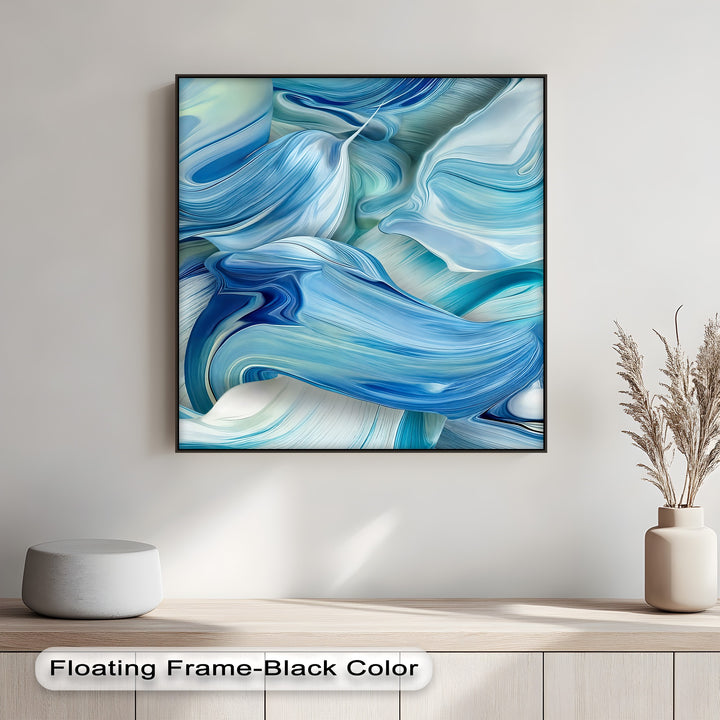 The loudest element is the dynamic abstract blue flow canvas art, featuring swirling waves and fluid forms in azure and indigo hues.
