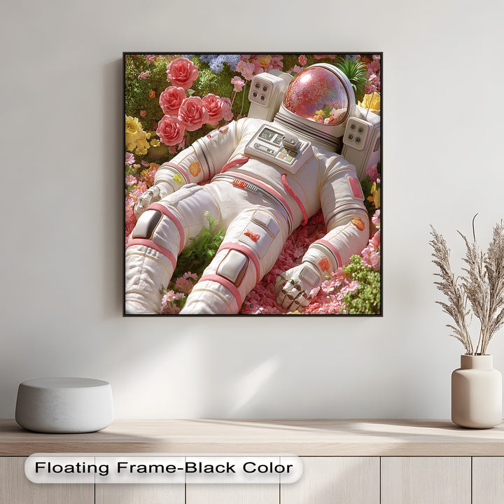 Astronaut Resting in a Garden of Flowers - Pink Canvas Print